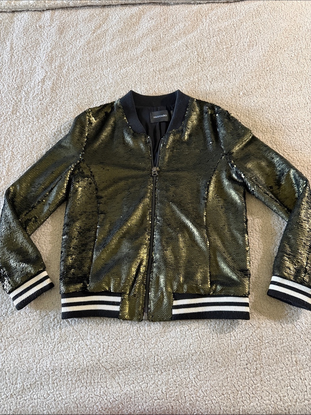 Dolce Cabo Olive Green Sequin Bomber Jacket with Striped Cuffs Size XS